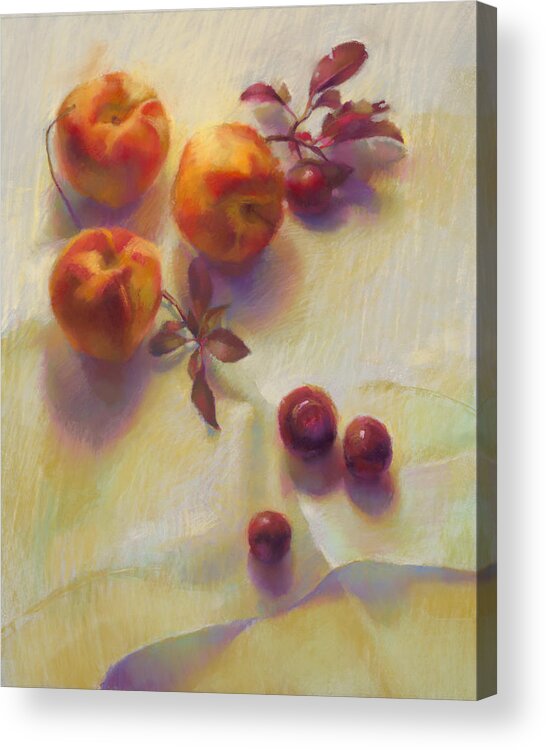 Pastel Acrylic Print featuring the painting Peaches and Cherries by Cathy Locke