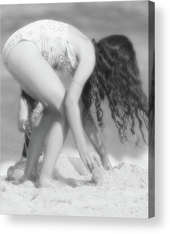 Beach Shore Delaware Maryland Ocean Sand Sun Summer Sandcastle Dig Digging Young Youth Ir Infrared Black White Girl Treasure Hot Play Playing Hair Wind Hot Acrylic Print featuring the photograph Playing in the Sand #40 by Raymond Magnani