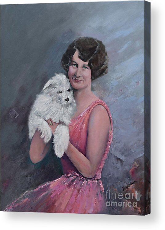 Portrait Acrylic Print featuring the painting Maggie and Caruso -Portrait of a Flapper Girl by Jan Dappen