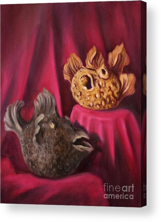 Teapots Acrylic Print featuring the painting Puffer Fish Teapots by Rand Burns