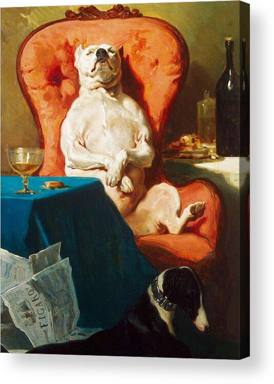 Dog Acrylic Print featuring the mixed media Pug Dog in Armchair - Mans Best Friend by Alfred Dedreux 1856
