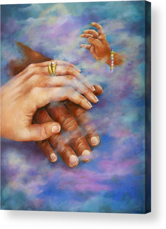Hands Acrylic Print featuring the painting Reaching for Love by Myra Goldick