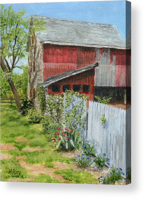 Bucks County Acrylic Print featuring the painting Red Barn and Gray Fence by Margie Perry