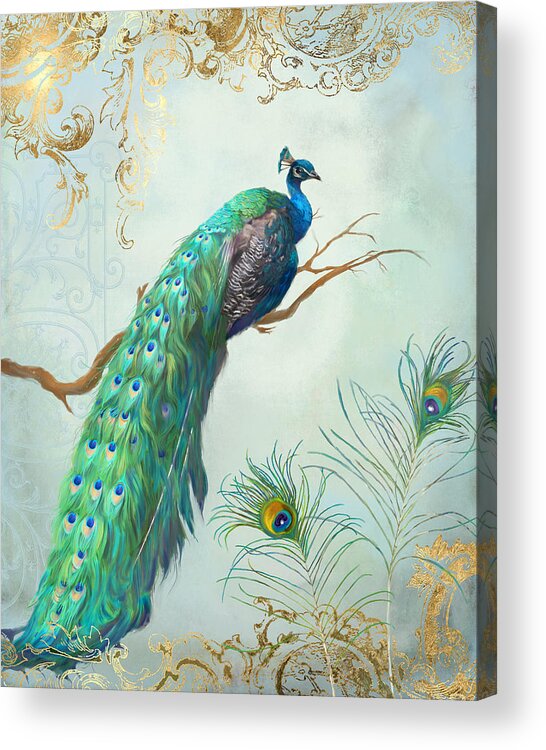 Peacock On Tree Branch Acrylic Print featuring the painting Regal Peacock 1 on Tree Branch w Feathers Gold Leaf by Audrey Jeanne Roberts