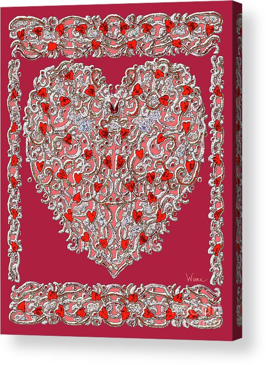 Lise Winne Acrylic Print featuring the digital art Renaissance Style Heart with Dark Red Background by Lise Winne