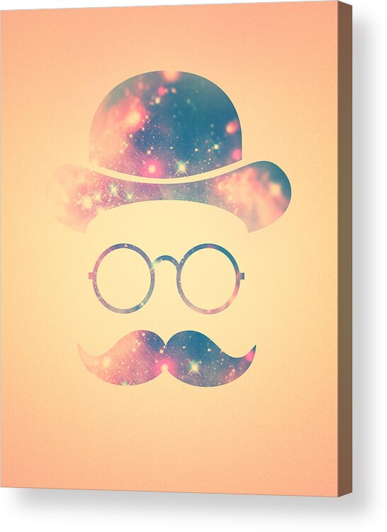 Gold Acrylic Print featuring the digital art Retro Face with Moustache and Glasses Universe Galaxy Hipster in Gold by Philipp Rietz