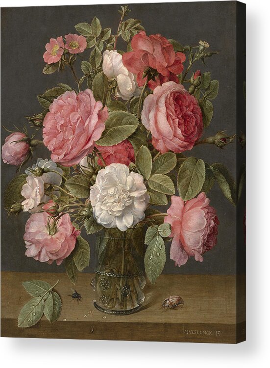 Glass Vase Acrylic Print featuring the painting Roses in a Glass Vase by Jacob van Hulsdonck