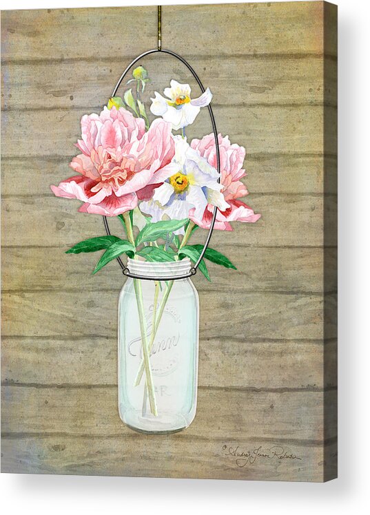 Watercolor Acrylic Print featuring the painting Rustic Country Peony n Poppy Mason Jar Bouquet on Wooden Fence by Audrey Jeanne Roberts