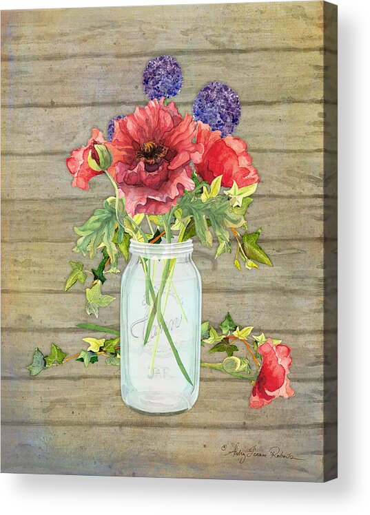 Watercolor Acrylic Print featuring the painting Rustic Country Red Poppy w Alium n Ivy in a Mason Jar Bouquet on Wooden Fence by Audrey Jeanne Roberts