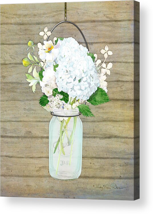 White Hydrangea Acrylic Print featuring the painting Rustic Country White Hydrangea n Matillija Poppy Mason Jar Bouquet on Wooden Fence by Audrey Jeanne Roberts