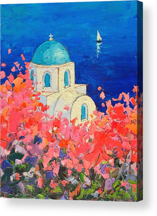 Santorini Acrylic Print featuring the painting Santorini Impression - Full Bloom In Santorini Greece by Ana Maria Edulescu