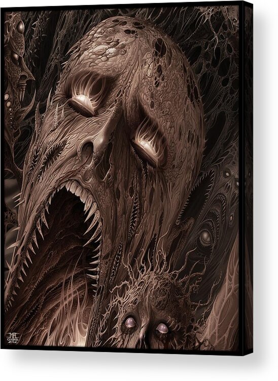 Horror Hellraiser Scream Agony Demon Airbrush Digital Painting Surreal Fangs Fire Brown Red Pain Ecstacy Agony Sacrifice Mindrapeart Markcooperart Hellish Acrylic Print featuring the painting Screams From Beyond by Mark Cooper