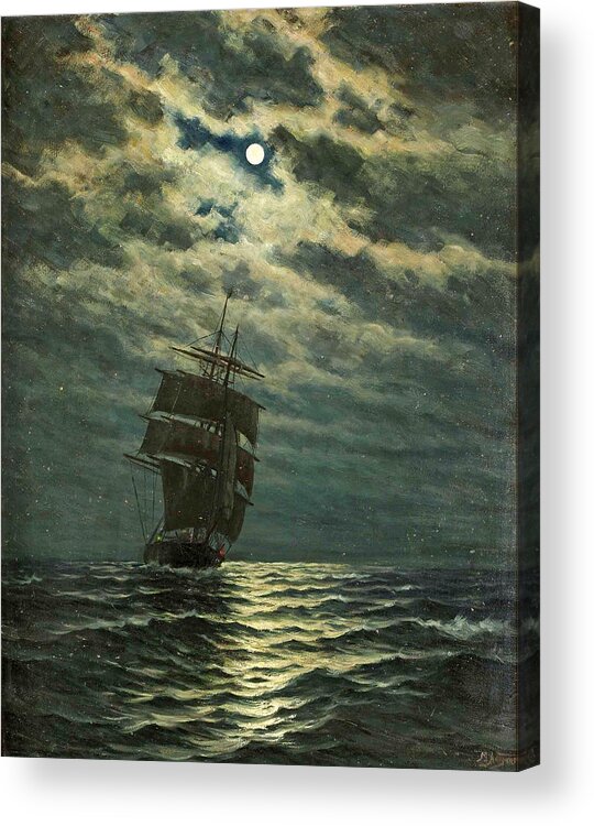 Martin Aagaard Acrylic Print featuring the painting Ship in the Moonlight by Martin Aagaard
