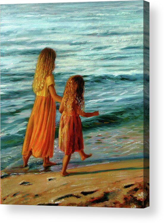 Young Sisters Acrylic Print featuring the painting Sisters Walking by Marie Witte