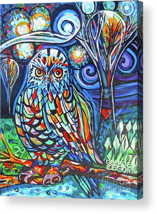 Owl Acrylic Print featuring the painting Snowy Owl Abstract With Moon by Genevieve Esson