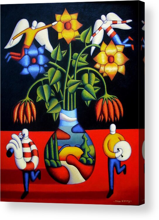 Softvase With Flowers And Figures Acrylic Print featuring the painting Softvase with flowers and figures by Alan Kenny