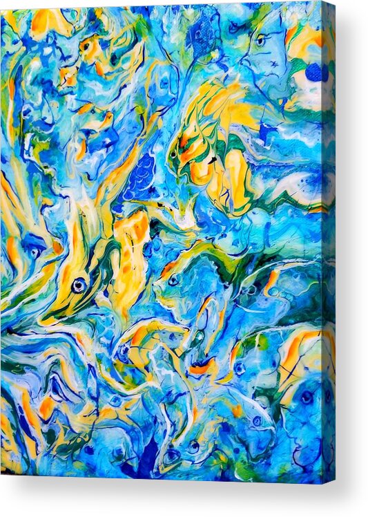 Painting Abstract Fish Sea Ocean Beach Yellow Aqua Blue Sea Life Acrylic Print featuring the painting Something Fishy by Gail Butler