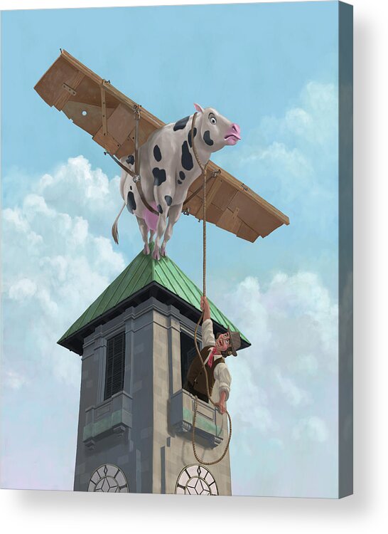 Cartoon Cow Acrylic Print featuring the painting Southampton Cow Flight by Martin Davey