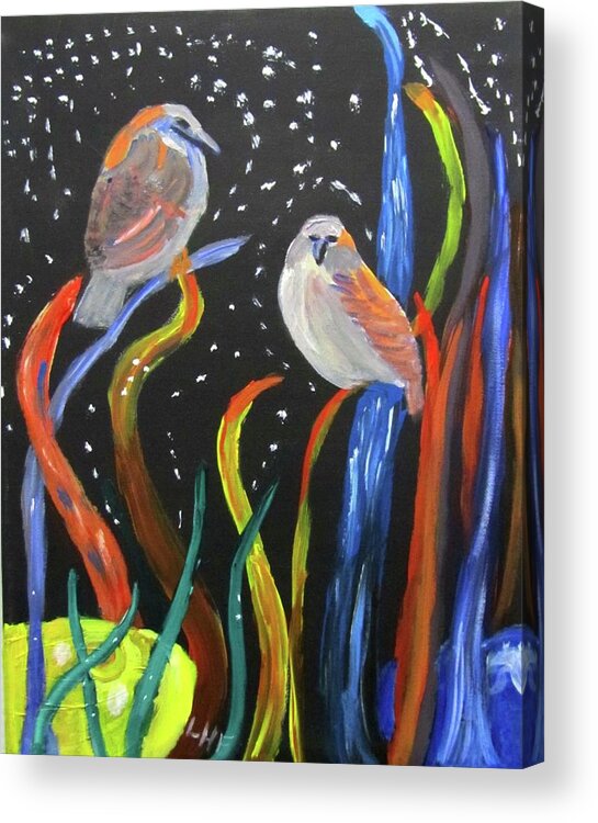 Sparrows Acrylic Print featuring the painting Sparrows inspired by Chihuly by Linda Feinberg