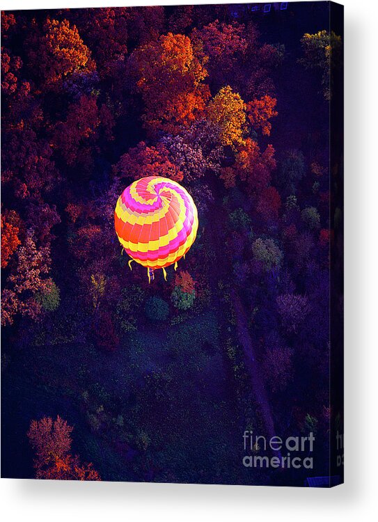 Spiral Acrylic Print featuring the photograph Spiral colored hot air balloon over fall tree tops Mchenry  by Tom Jelen