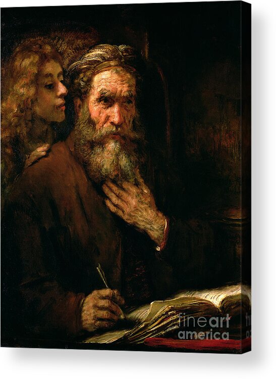Old Man; Bearded; Gospel; Evangelist; Pen; Writing Acrylic Print featuring the painting St Matthew and The Angel by Rembrandt Harmensz van Rijn