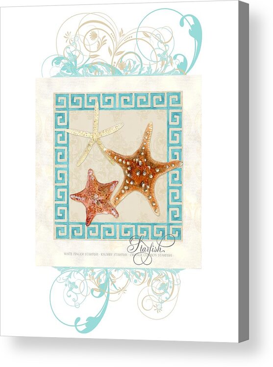 White Finger Starfish Acrylic Print featuring the painting Starfish Greek Key Pattern w Swirls by Audrey Jeanne Roberts
