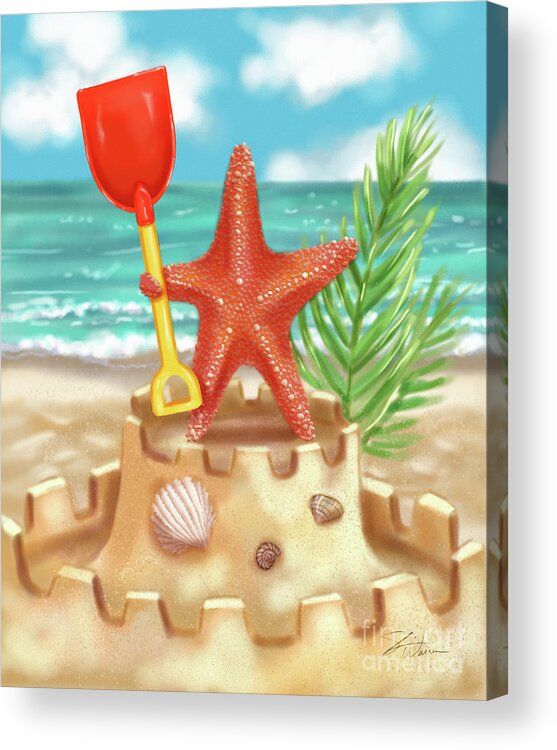 Starfish Acrylic Print featuring the mixed media Starfish makes a Sandcastle by Shari Warren