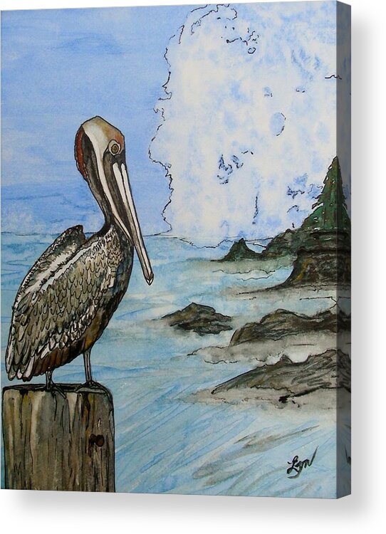 Brown Pelican Acrylic Print featuring the painting Storm Warch by Lyn Hayes