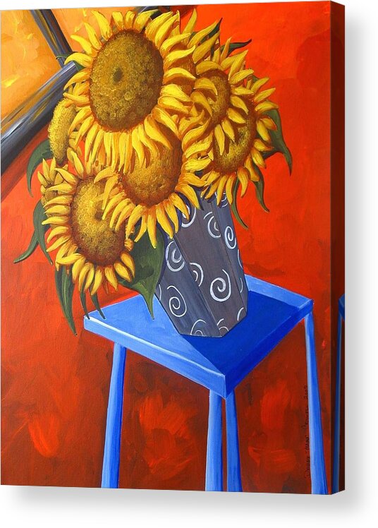 Painting Acrylic Print featuring the painting Sunflowers On Blue Table by Debbie Criswell