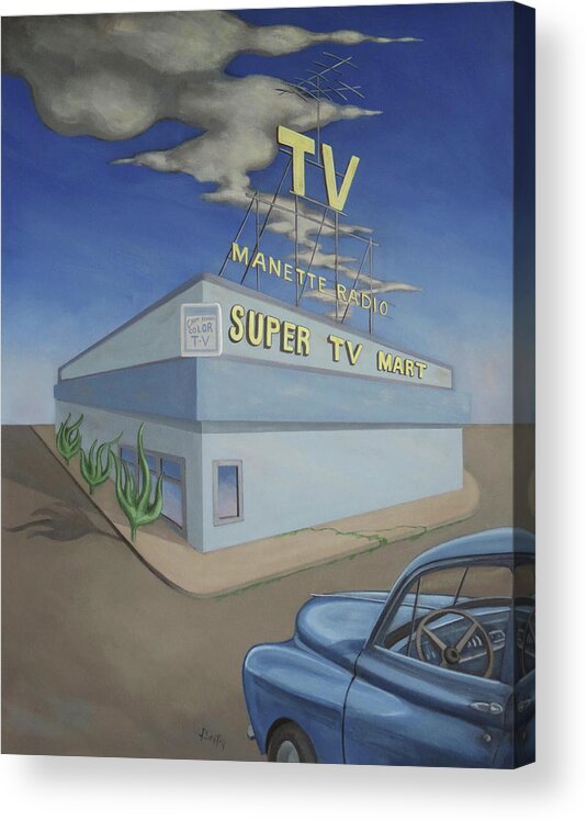 Vintage Acrylic Print featuring the painting Super TV Mart by Sally Banfill