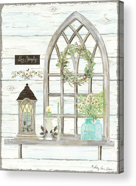  Acrylic Print featuring the painting Sweet Life Farmhouse 3 Gothic Window Lantern Floral Shiplap Wood by Audrey Jeanne Roberts