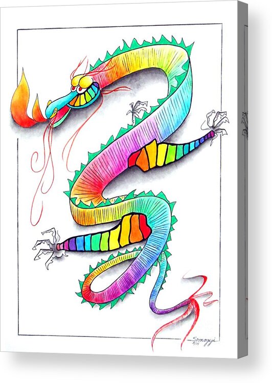 Rainbow Acrylic Print featuring the drawing Technicolor Dragon -- Rainbow-Colored Whimsical Dragon by Jayne Somogy