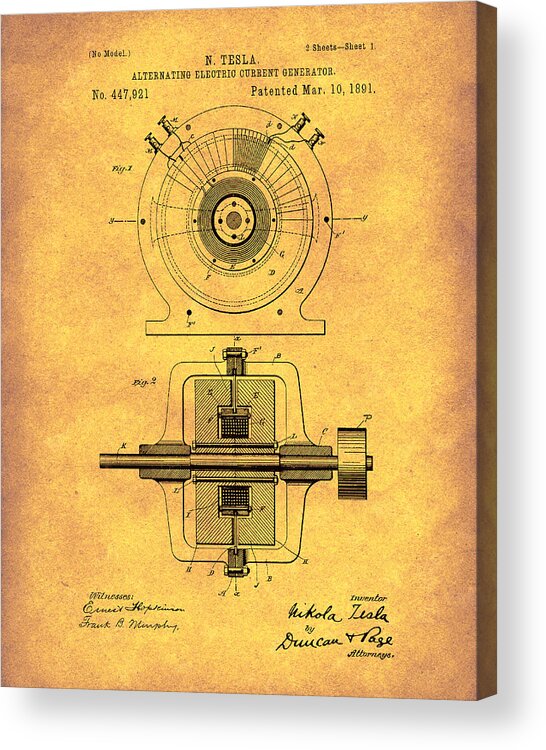 Tesla Acrylic Print featuring the drawing Tesla Generator 1891 Patent Art Gold by Prior Art Design