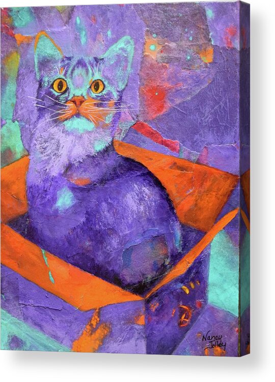 Cat Acrylic Print featuring the painting Cat in a Box by Nancy Jolley