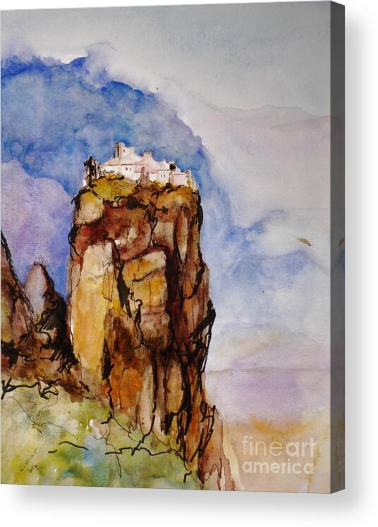 Kalambaka Acrylic Print featuring the painting The Meteora Monastery by Karina Plachetka