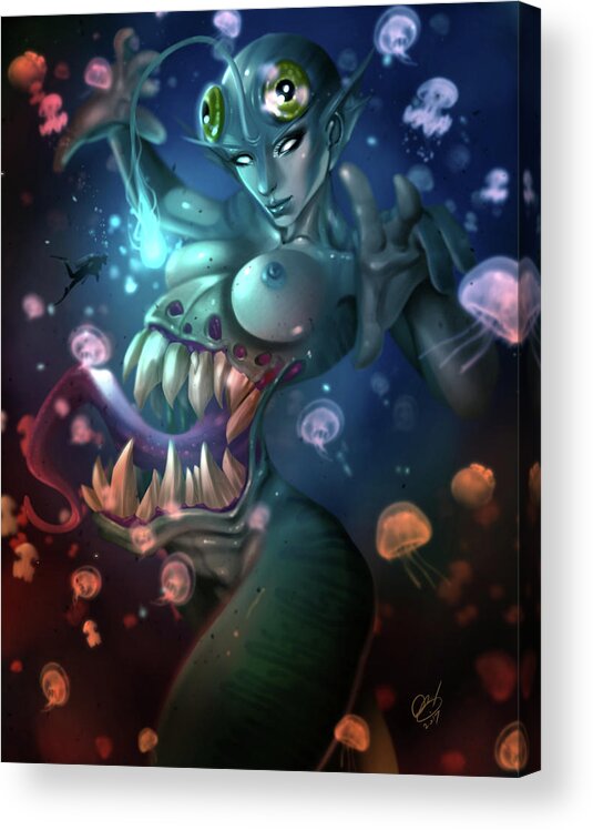 Cthulu Acrylic Print featuring the painting The Trap by Pete Tapang
