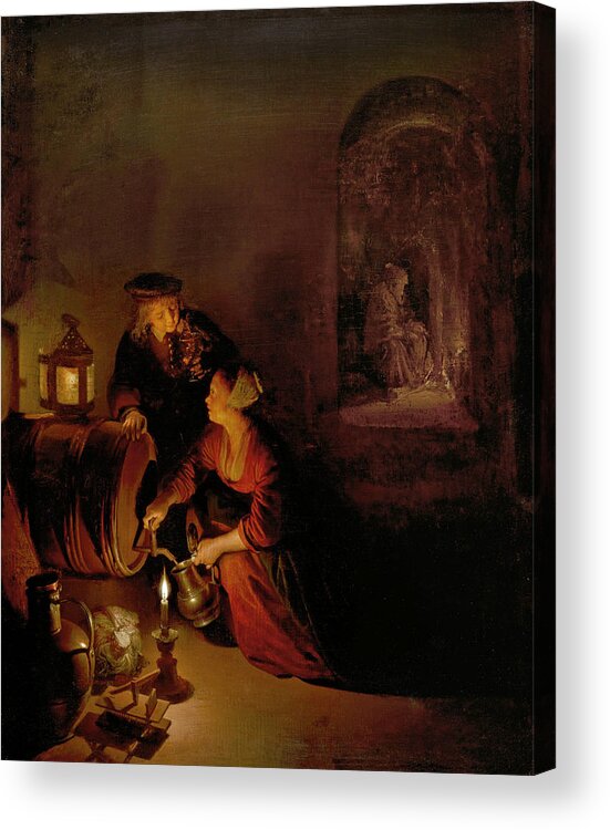 Gerrit Dou Acrylic Print featuring the painting The Wine Cellar. An Allegory of Winter by Gerrit Dou