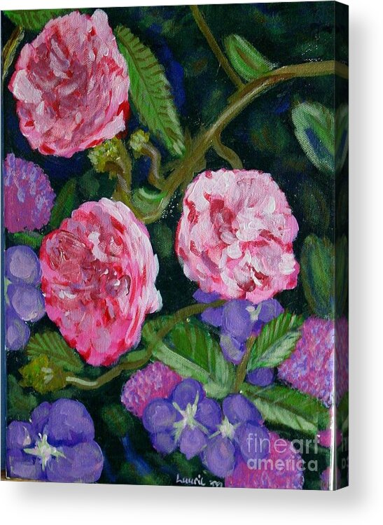 Roses Acrylic Print featuring the painting Three for the Show by Laurie Morgan