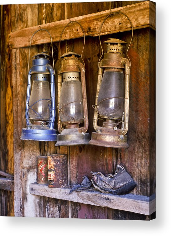 Lanterns Acrylic Print featuring the photograph Three Lanterns and a Shoe by Joe Palermo