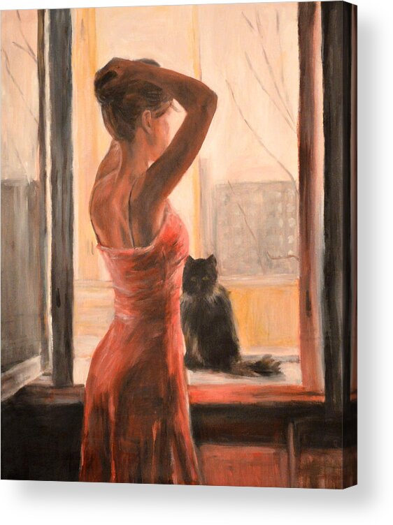 Woman With Cat Acrylic Print featuring the painting Tranquille by Escha Van den bogerd