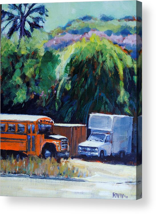 School Acrylic Print featuring the painting Truck and a School Bus by Richard Willson
