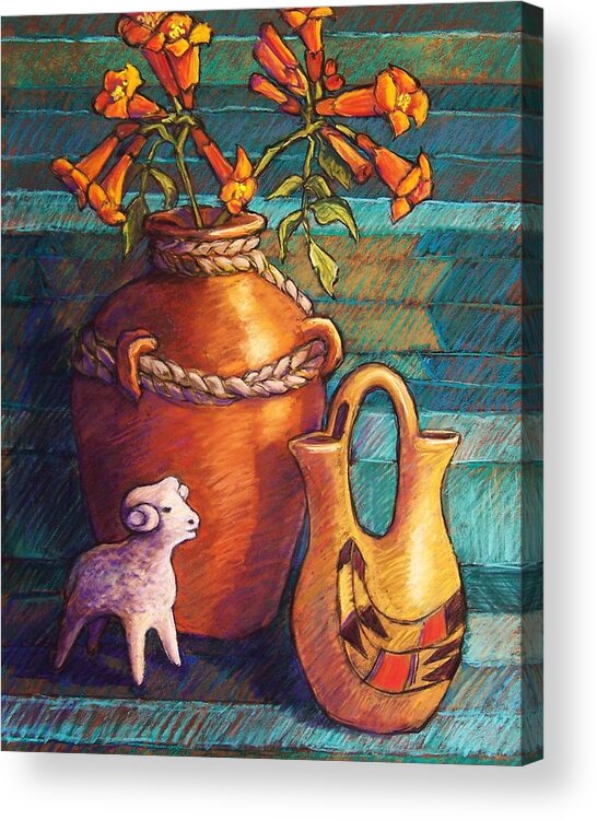 Still Life Acrylic Print featuring the pastel Trumpet Vines and Pottery by Candy Mayer