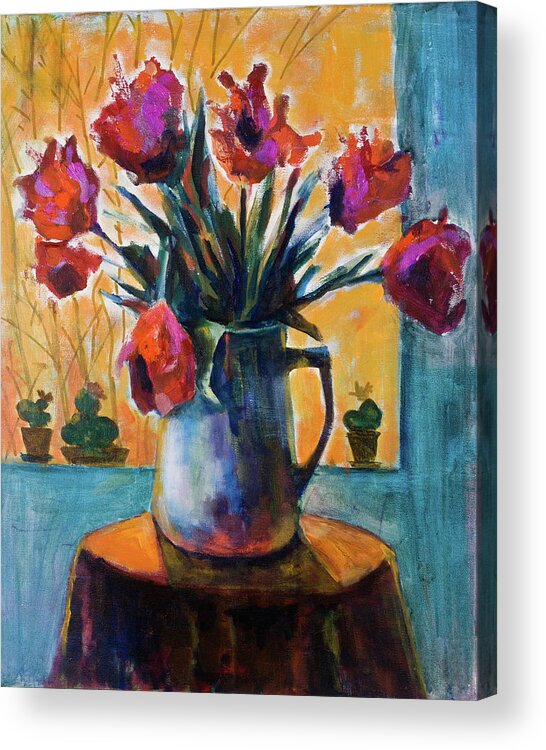 Tulips Acrylic Print featuring the painting Tulips at sunset by Maxim Komissarchik