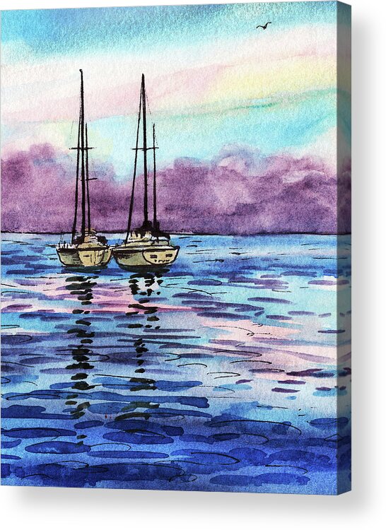 Two Boats Acrylic Print featuring the painting Two Sailboats At The Shore Watercolor by Irina Sztukowski
