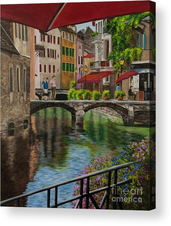 Annecy France Art Acrylic Print featuring the painting Under the Umbrella in Annecy by Charlotte Blanchard