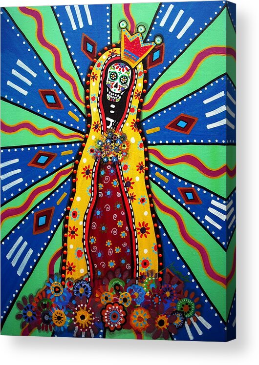 Virgin Guadalupe Day Of The Dead Painting Mexican Our Lady Of Guadalupe Dia De Los Muertos Flowers Blooms Paintings Prints Posters Original Folk Art Acrylic Print featuring the painting Virgin Guadalupe Day Of The Dead Painting by Pristine Cartera Turkus