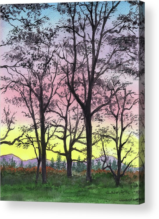 Sunrise Acrylic Print featuring the painting Watercolor Landscape Sunrise In The Mountains by Irina Sztukowski