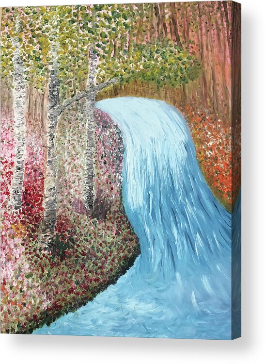 Waterfall Acrylic Print featuring the painting Waterfall and the 3 Birch Trees by Susan Grunin