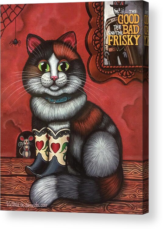 Cat Acrylic Print featuring the painting Western Boots Cat Painting by Victoria De Almeida