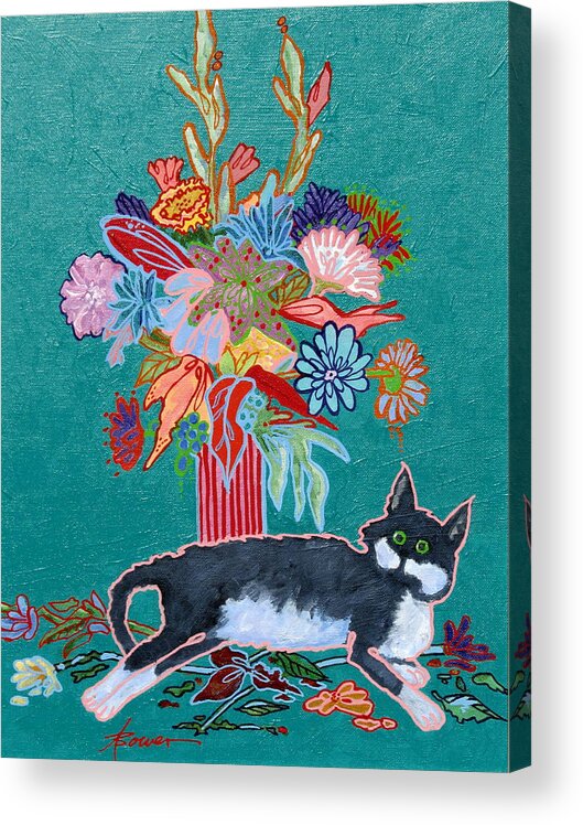 Cats Acrylic Print featuring the painting What Flowers by Adele Bower